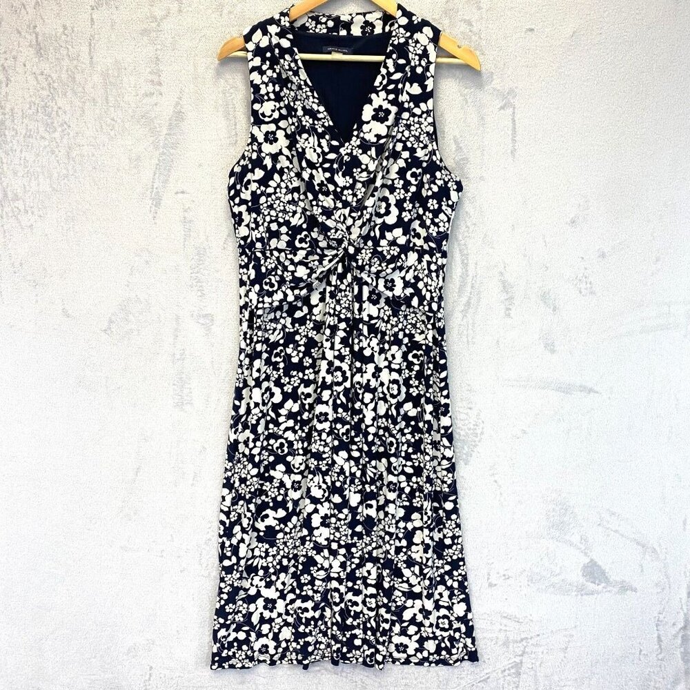 Tommy Hilfiger Floral Midi Dress Sz 14 Ruched Chest Navy Blue Sleeveless Slinky